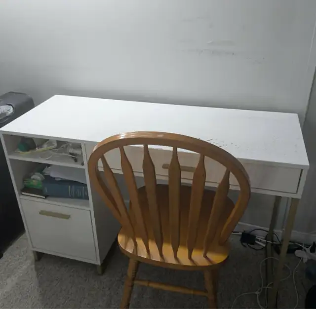 White Desk with Storage Drawer and Shelves and Wooden Chair