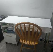 White Desk with Storage Drawer and Shelves and Wooden Chair