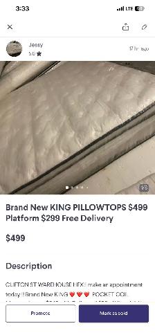 Brand New KING Pillowtops $499 Platform $99 DELIVERY