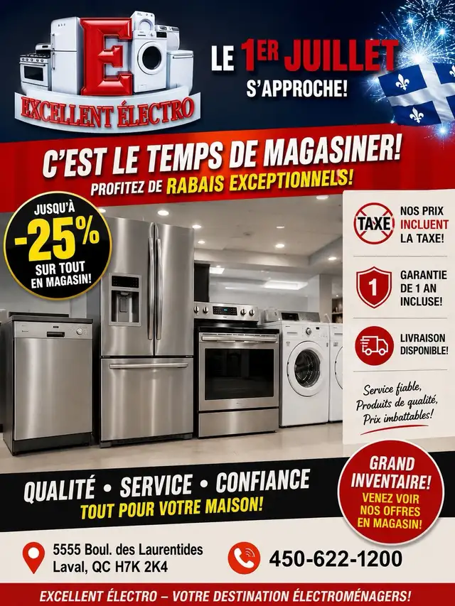 25 % de rabais sur nos combos( frigo , four ,laveuse ,sécheuse )