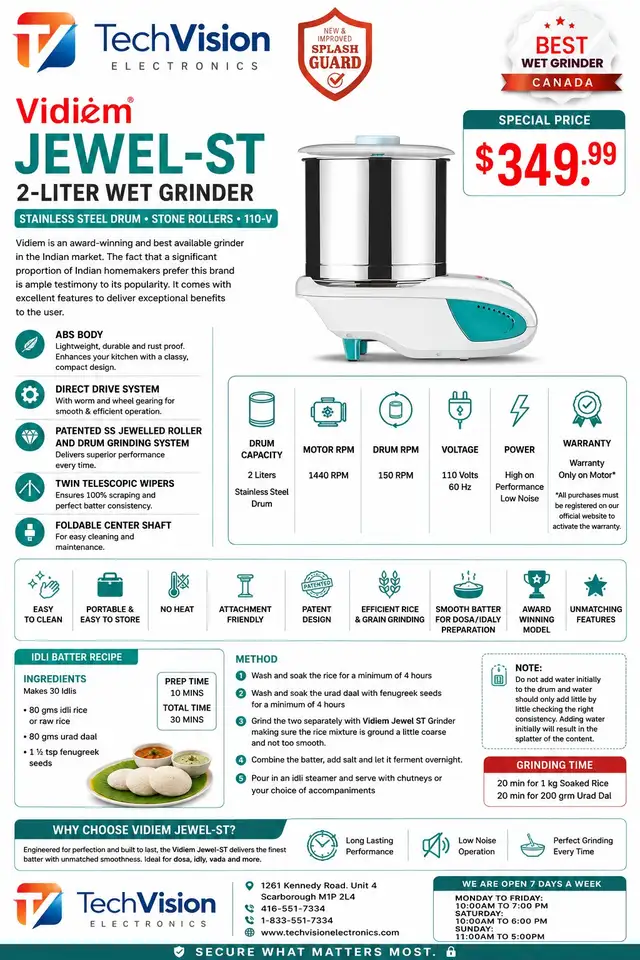 VIDIEM JEWEL 2.0 L WET GRINDER STAINLESS S DRUM, STONE ROLLERS