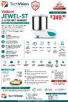 VIDIEM JEWEL 2.0 L WET GRINDER STAINLESS S DRUM, STONE ROLLERS