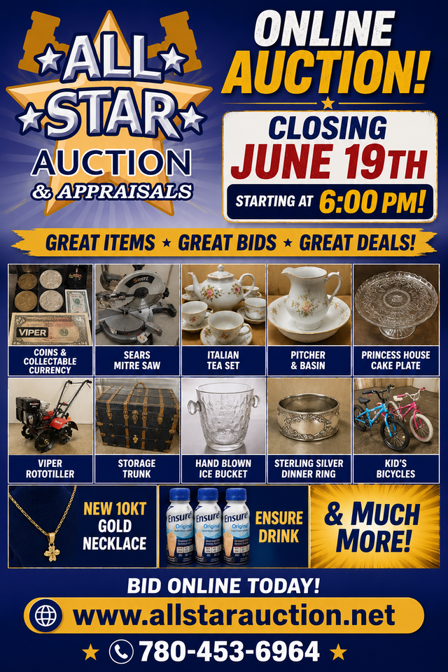 EDMONTON:  Timed Online Consignment Auction - June 19th @ 6 pm