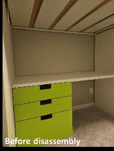 IKEA loft bed (white/light green) with desk, closet and 3 drawer