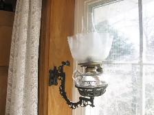 CAST IRON BRACKET OIL LAMP COMPLETE W/NEW WICK CHIMNEY & SHADE