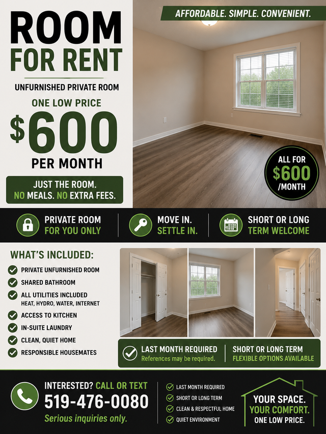 ROOM FOR RENT – $600/MONTH