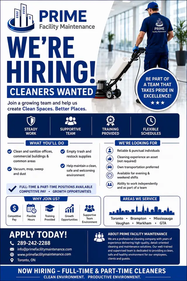 CLEANERS WANTED – FULL-TIME & PART-TIME