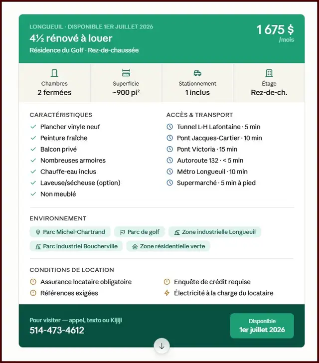4-1/2 rénové à Louer: $1675/m disponible 1er Juillet: Longueuil