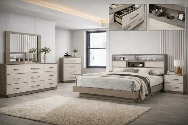 Two-Tone Bedroom Furniture Set with Storage Headboard