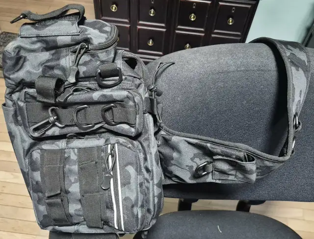 TACTICAL FISHING TACKLE SLING BAG / WAIST PACK – BLACK CAMO $40