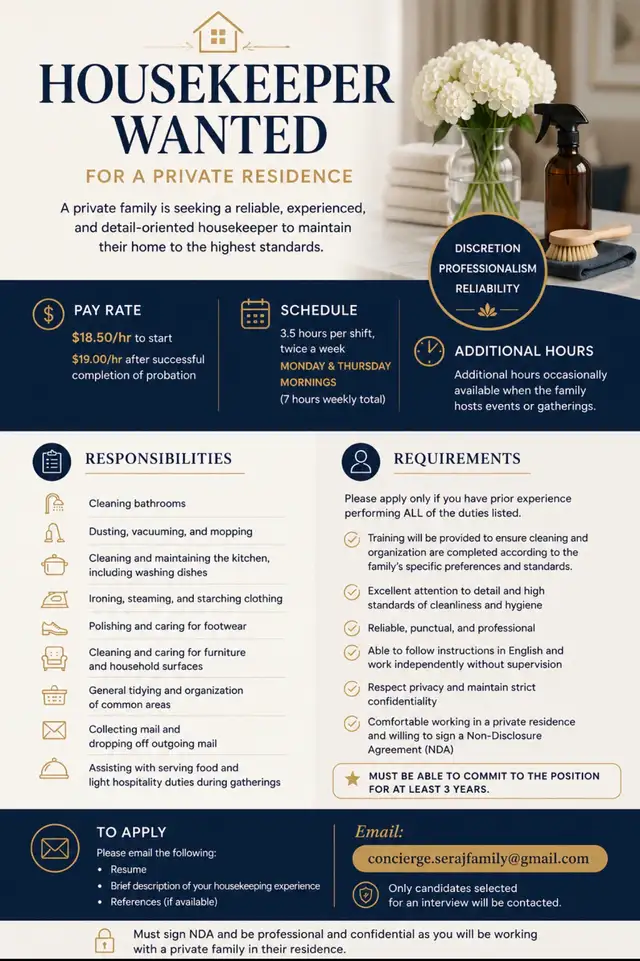 Part-Time Housekeeper/Maid Wanted