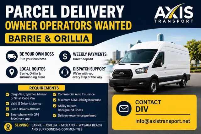 PARCEL DELIVERY OWNER OPERATORS WANTED – BARRIE & ORILLIA