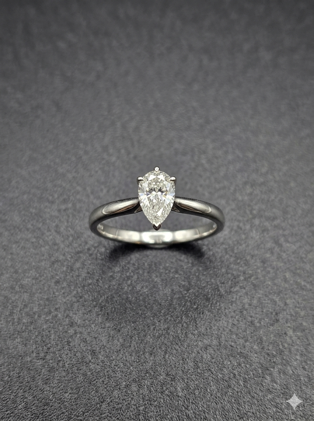 Bague Solitaire Coupe Poire Or Blanc 14K Diamant Naturel neuf