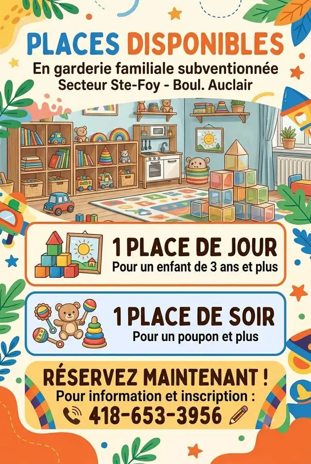 Place disponible en garderie familiale subventionnée