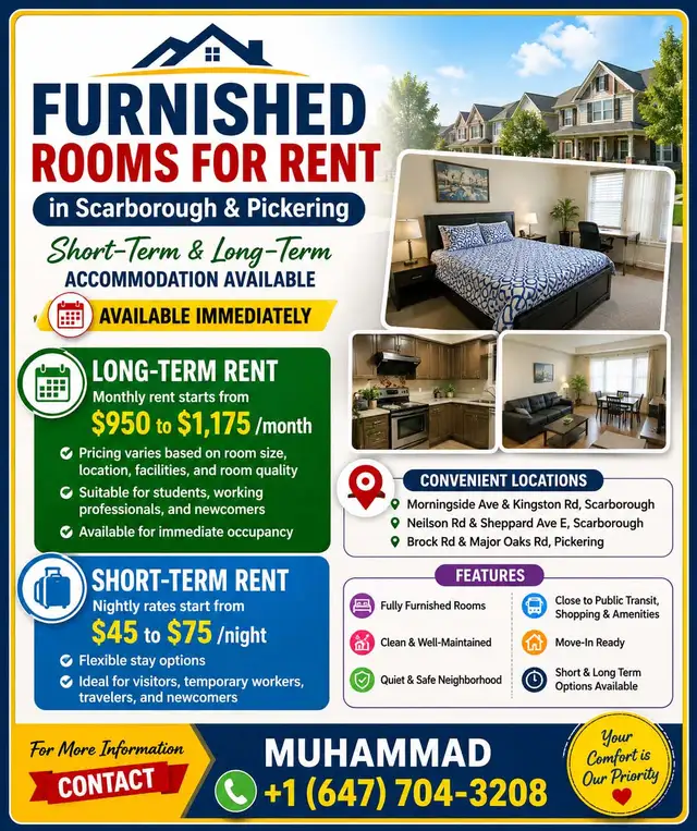 Furnished Rooms for Rent in Scarborough & Pickering