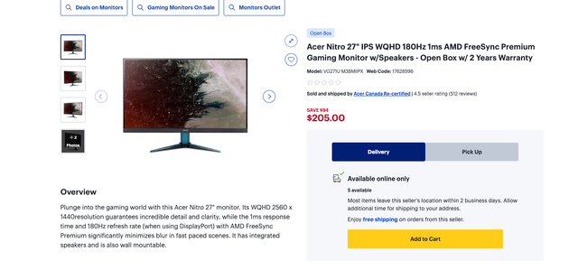 LIKE NEW-Acer 27' Monitor- ONLY 79.00 CAD