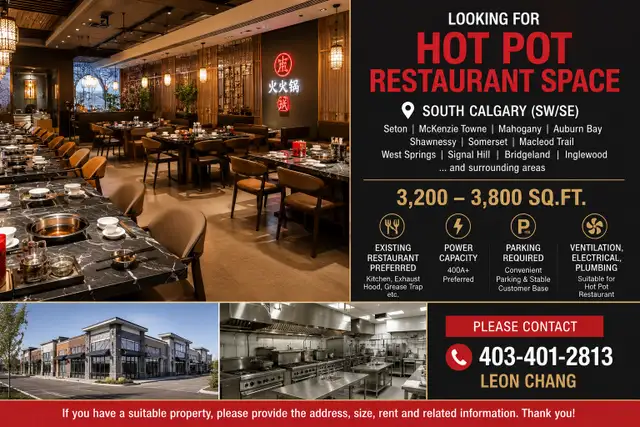 Seeking Hot Pot Restaurant Space | 3,200–3,800 SF | SW/SE