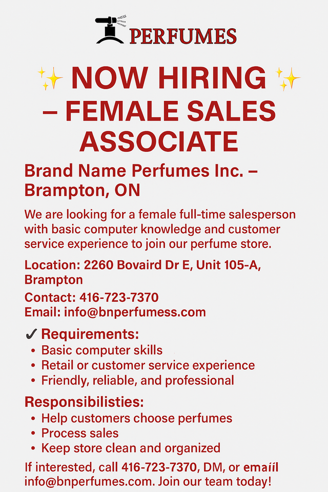 Female Sales Associate - Brand Name Perfumes Inc.