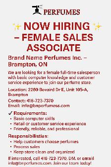 Female Sales Associate - Brand Name Perfumes Inc.