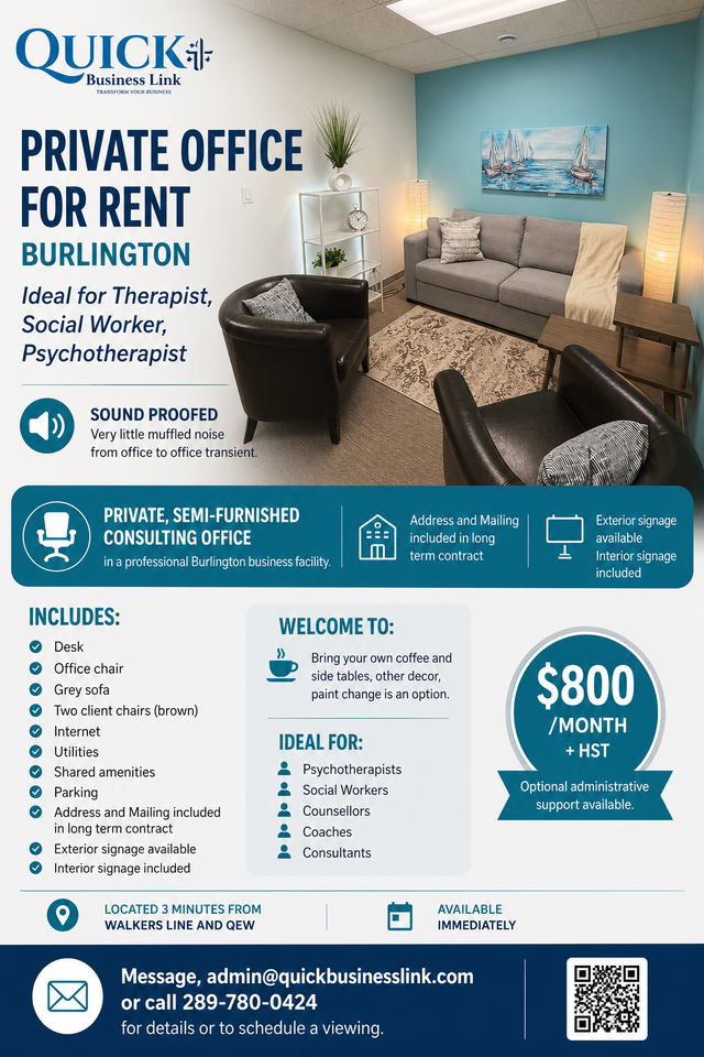Private Office for Rent - 3 mins from QEW and Walkers