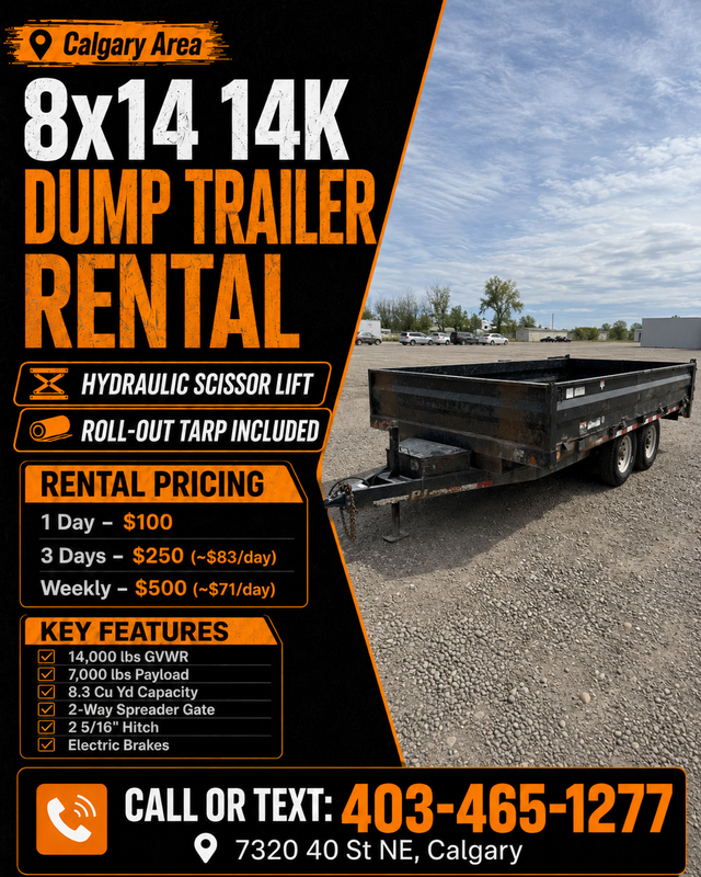 8x14 Dump Trailer Rental Calgary – 14K Hydraulic Lift