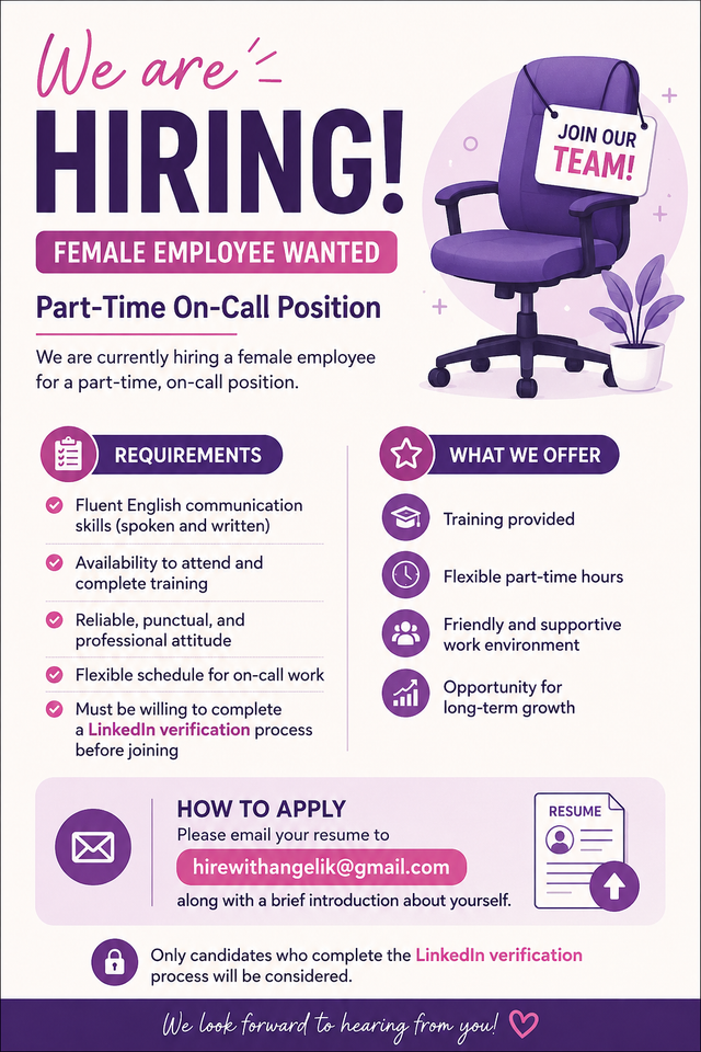 Part-Time On-Call Position – Female Employee Wanted
