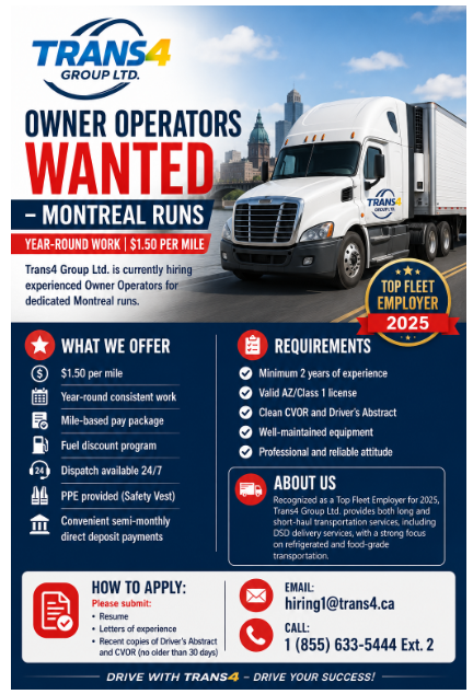 NOW HIRING – OWNER OPERATORS Montreal Runs | Year-Round Work