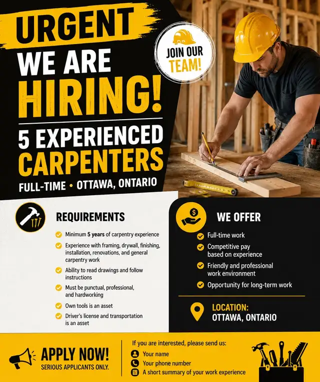 Urgent: Hiring 5 Experienced Carpenters – Full-Time – Ottawa