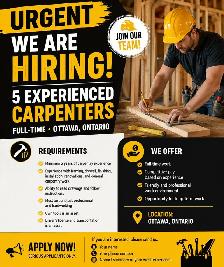 Urgent: Hiring 5 Experienced Carpenters – Full-Time – Ottawa