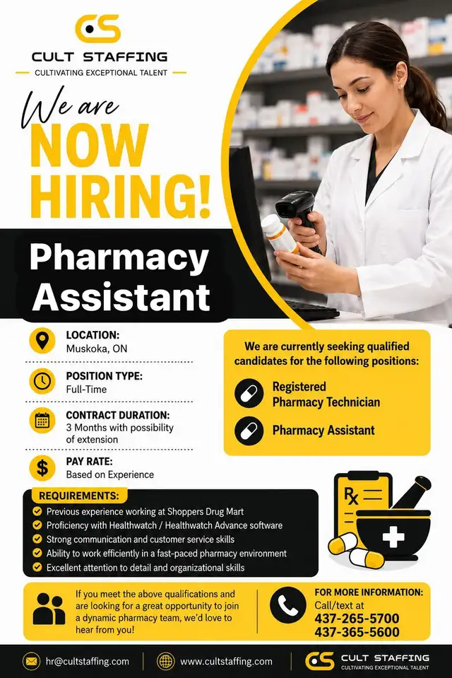 Hiring: Pharmacy Assistants in Muskoka!