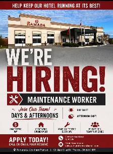 Looking for Maintenance, Front desk and Housekeeping  Workers