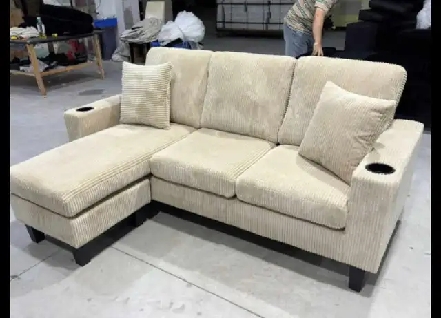 A Big Sale on Stylish White Corduroy Couch With Cup Holder tray