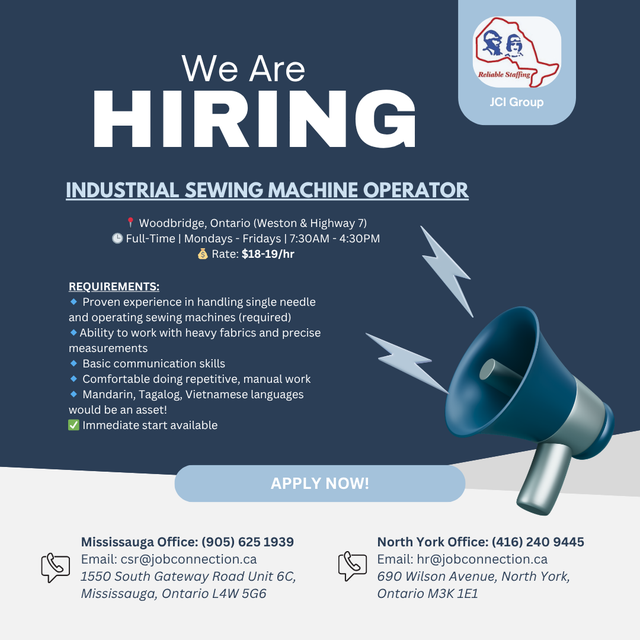 NOW HIRING: Sewing Machine Operator