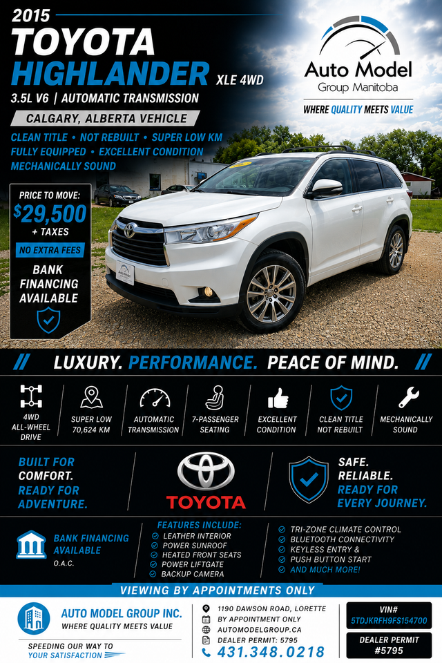 2015 Toyota Highlander XLE 4WD /NAV/HEATED SEATS/LOW KM!