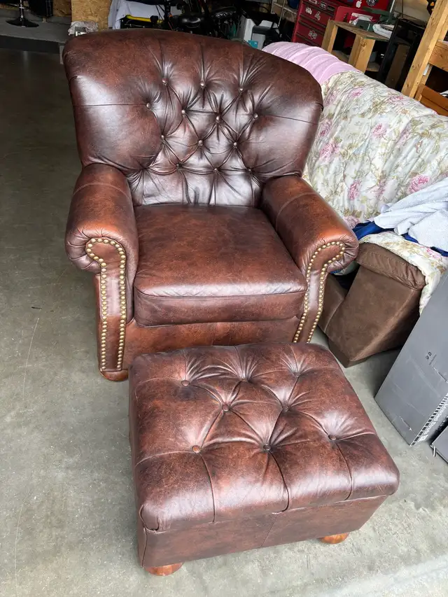 big soft leather chair and ottoman