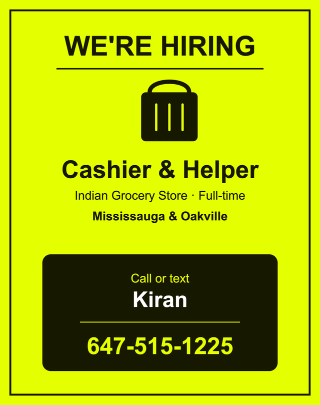 Indian Grocery Store – Cashier & Helper (Full-Time)