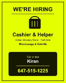 Indian Grocery Store – Cashier & Helper (Full-Time)