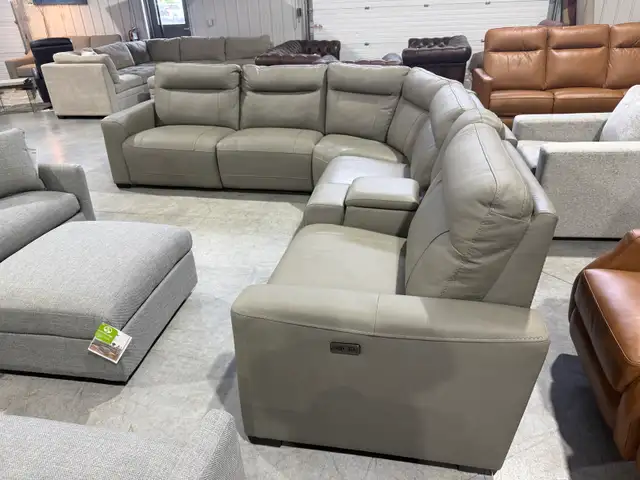 Grey leather 6 piece power reclining sectional