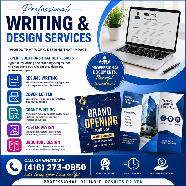RESUME WRITING, COVER LETTER, GRANT WRITING, POSTER, BROCHURE