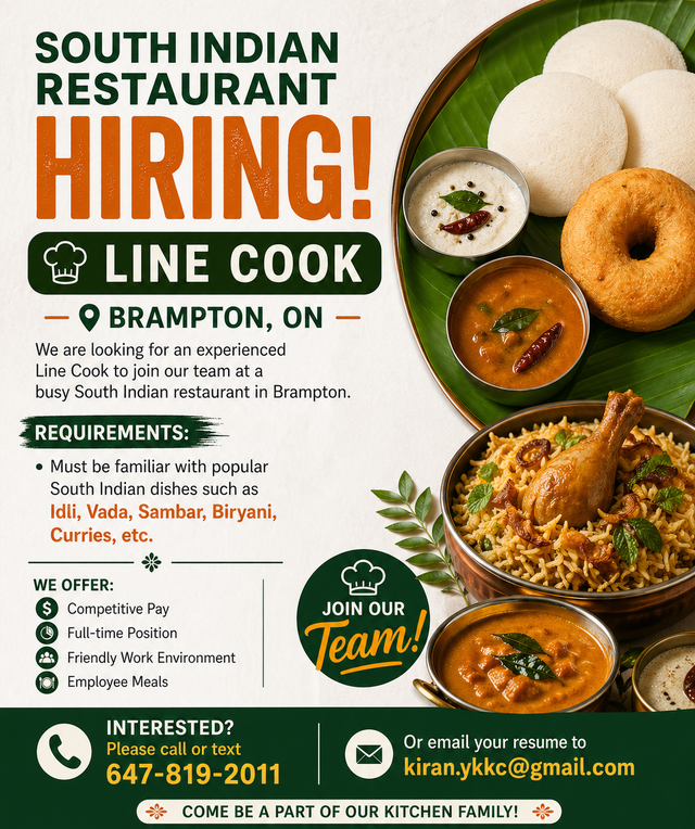 HIRING - Restaurant staff Required - Brampton