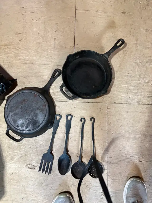 Cast Iron Fry Pan and utensils