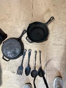 Cast Iron Fry Pan and utensils