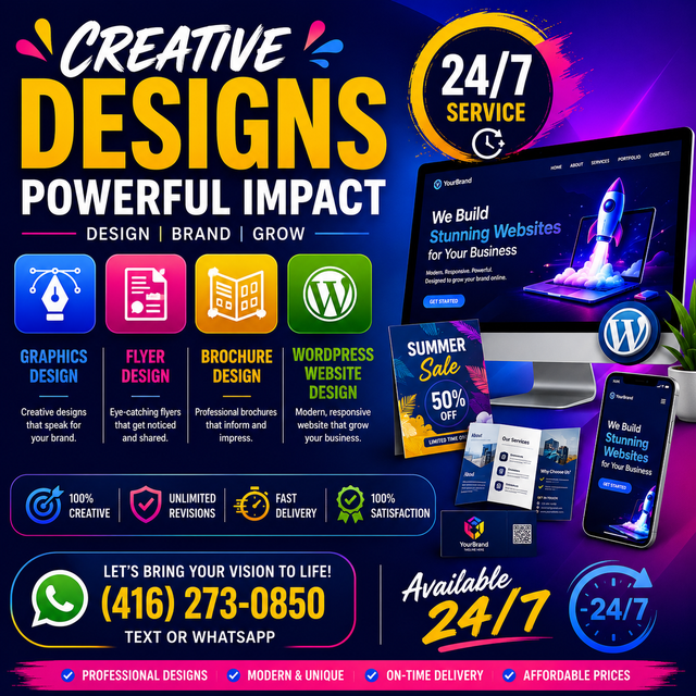 GRAPHICS DESIGN, FLYER, BROCHURE, WORDPRESS WEBSITE DESIGN. 24/7