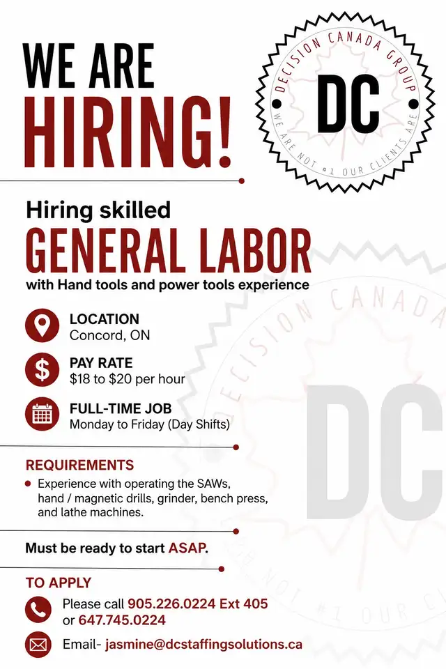 Hiring Skilled General Labor with Hand tools and Power tools exp