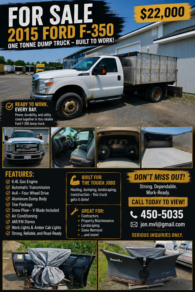 2015 Ford F-350 4x4 One-Ton Dump Truck – $22,000
