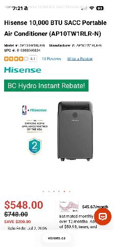Hisense 10,000 BTU SACC Portable Air Conditioner - Photo 2