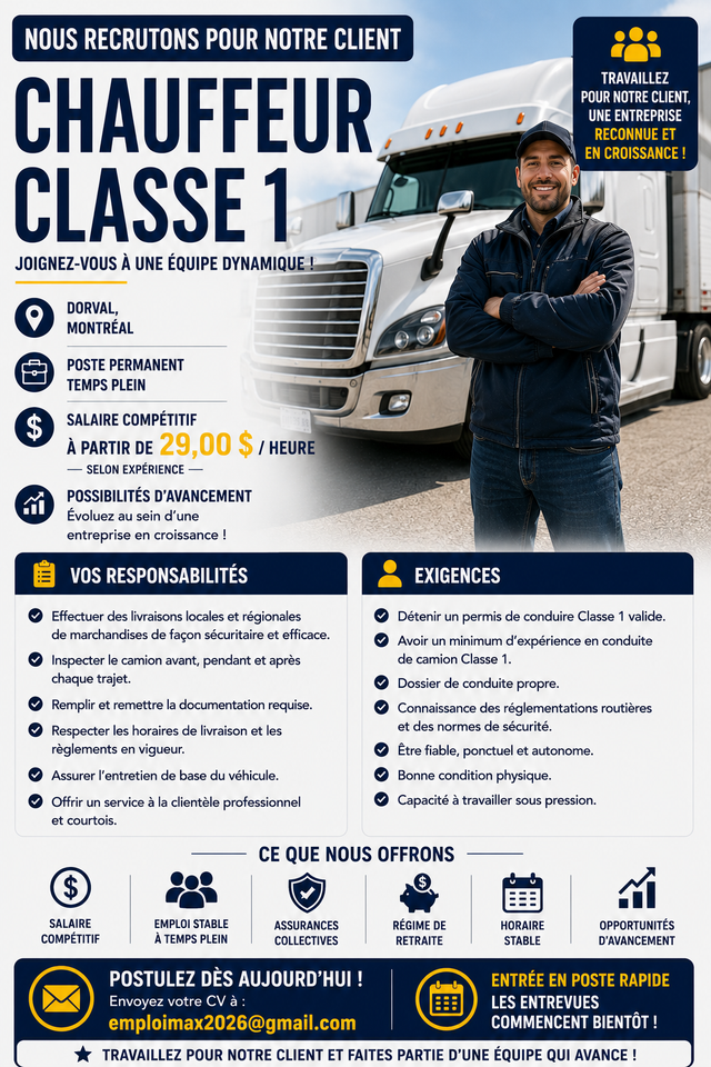 CHAUFFEUR-LIVREUR CLASSE 1 – Ville de QUÉBEC (TEMPS PLEIN)