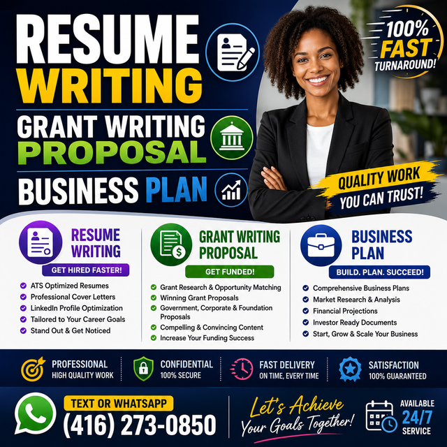 RESUME WRITING, GRANT WRITING PROPOSAL, BUSINESS PLAN. 100% Fast