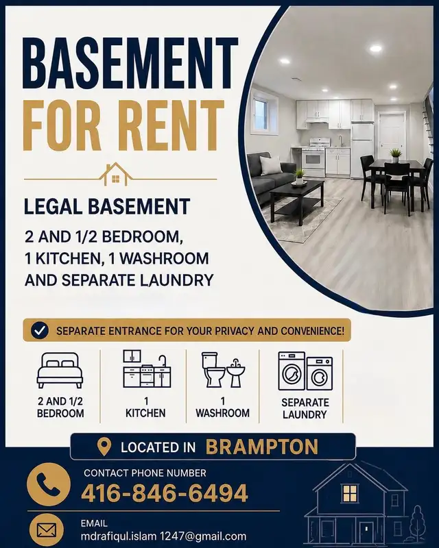Bright & Spacious 2.5 Bedroom Basement for Rent in Brampton