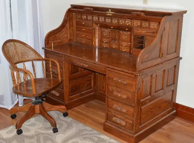 Large Solid Oak Roll-Top Desk with Chair